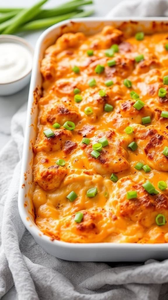 A creamy buffalo chicken bake topped with green onions in a white casserole dish.