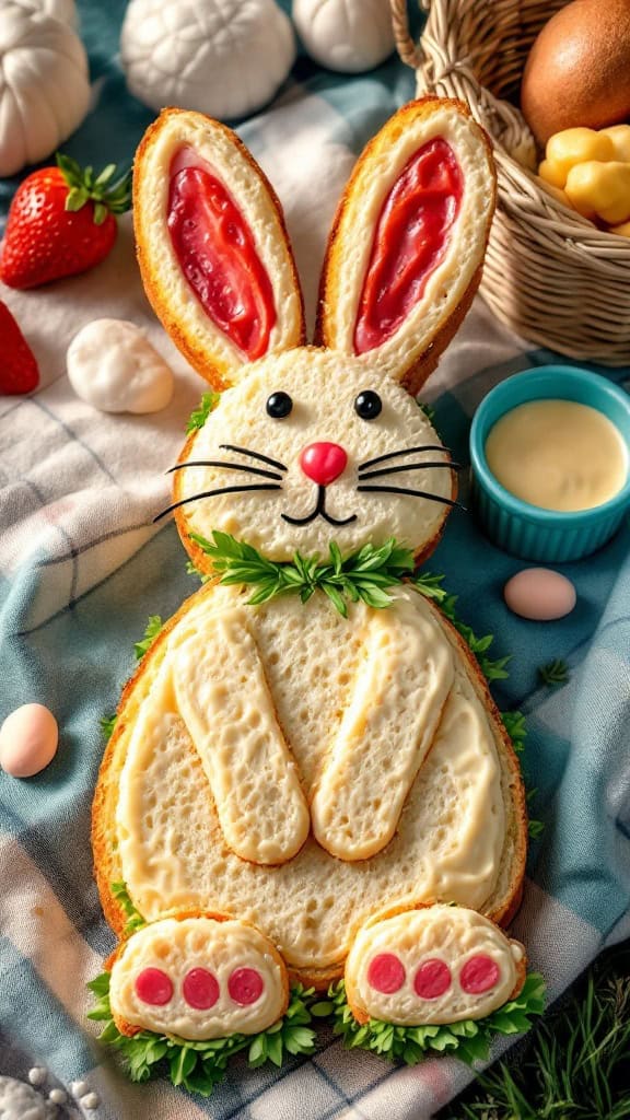 A creative bunny-shaped sandwich decorated with various toppings.