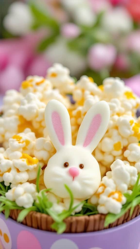 A bowl of popcorn topped with a bunny face decoration, surrounded by colorful flowers.