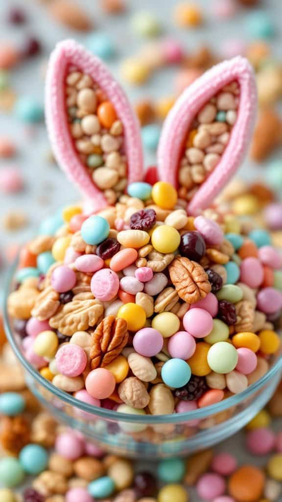 A bowl of Bunny Trail Mix with colorful candies and a cute bunny face on top.