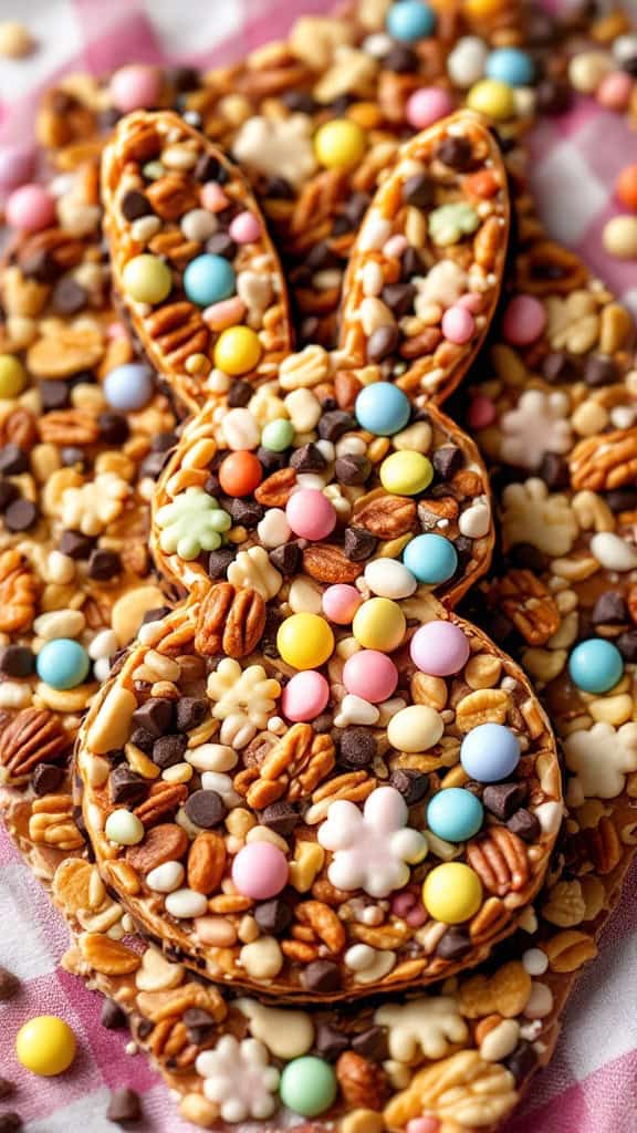 A delicious Easter bark shaped like a bunny, topped with colorful candy and nuts.