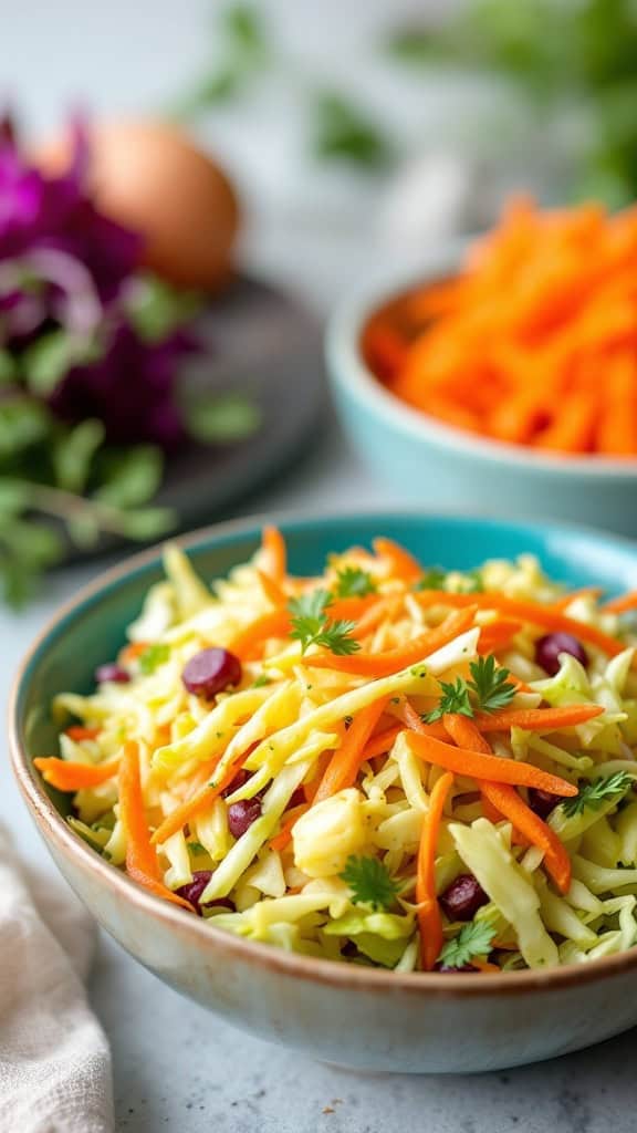 A colorful bowl of cabbage and carrot slaw with shredded carrots and cabbage, garnished with fresh herbs.