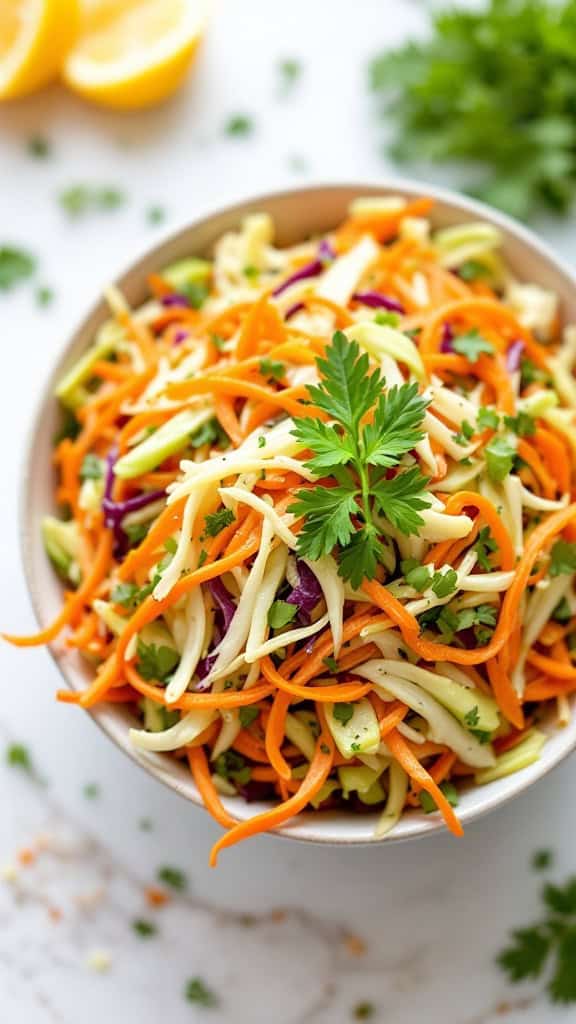 A bowl of colorful cabbage and carrot slaw with herbs and lemon slices nearby.