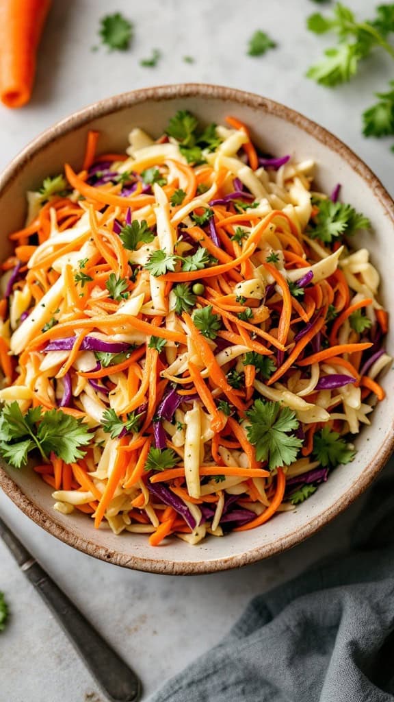 Colorful cabbage and carrot slaw with fresh herbs in a bowl.