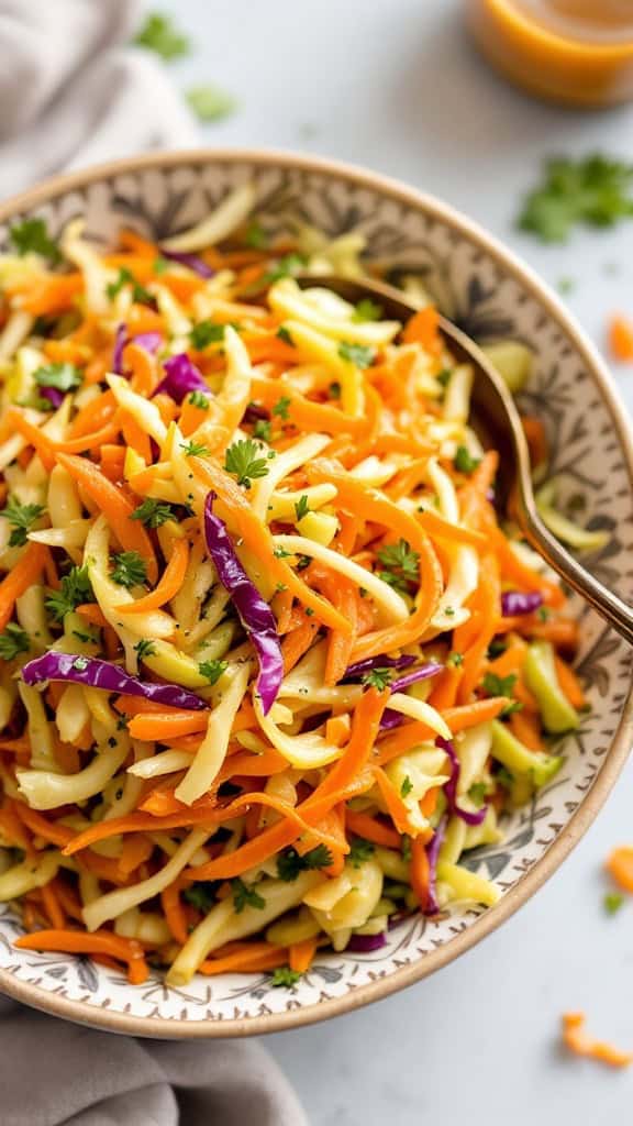 A bowl of colorful cabbage and carrot slaw with vibrant apple cider dressing