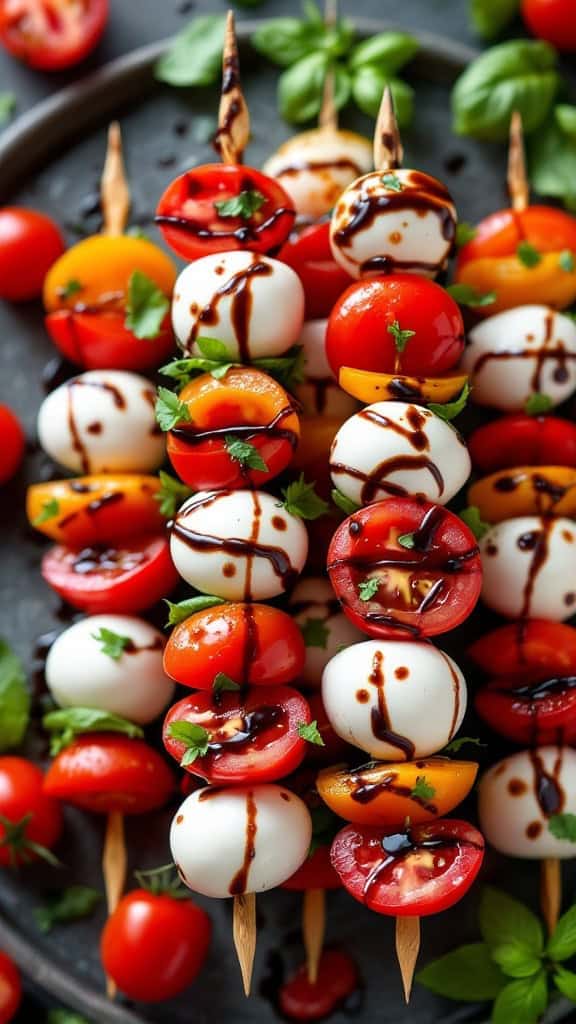 Colorful caprese salad skewers with cherry tomatoes, mozzarella balls, and basil.