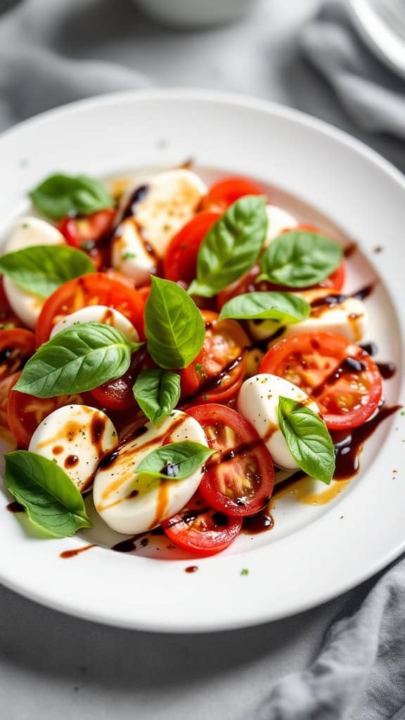 A fresh Caprese salad with tomatoes, mozzarella, basil, and balsamic glaze on a white plate.