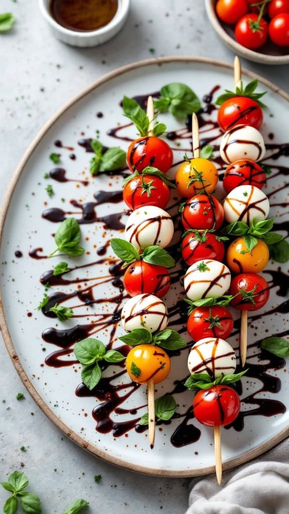 Caprese skewers with cherry tomatoes, mozzarella balls, and basil drizzled with balsamic glaze on a plate.