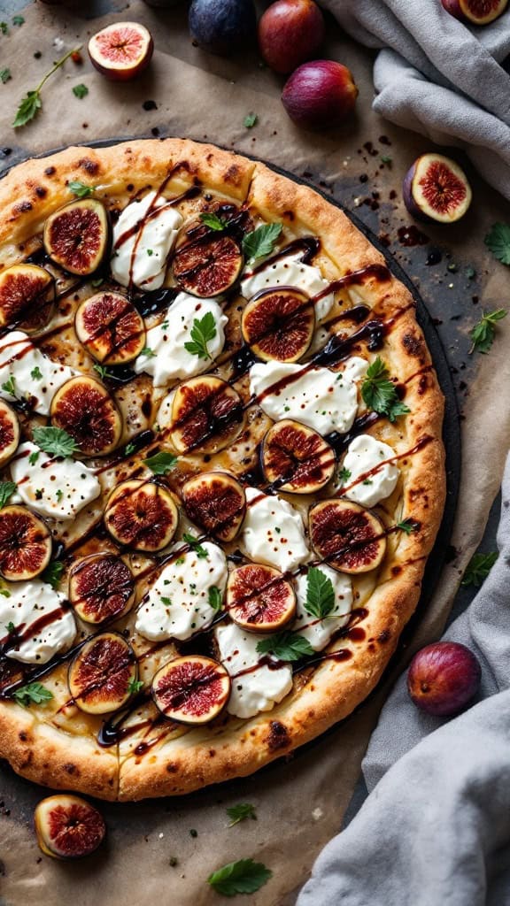 Caramelized fig and goat cheese fruit pizza topped with fresh figs, goat cheese, and balsamic glaze.