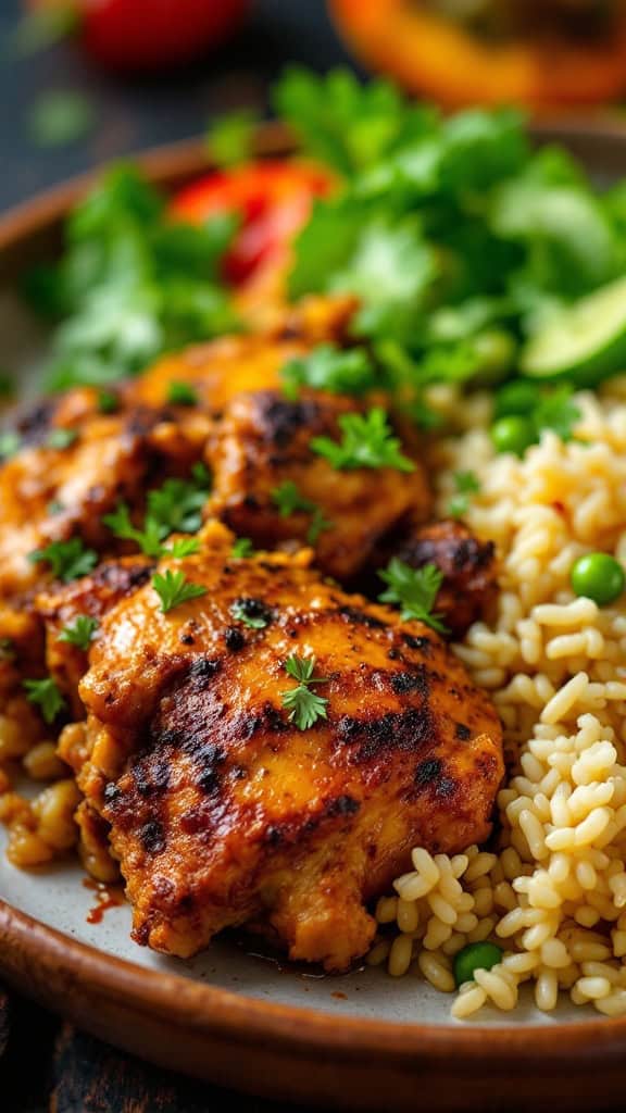 A plate of Caribbean jerk chicken served with rice and peas, garnished with cilantro.