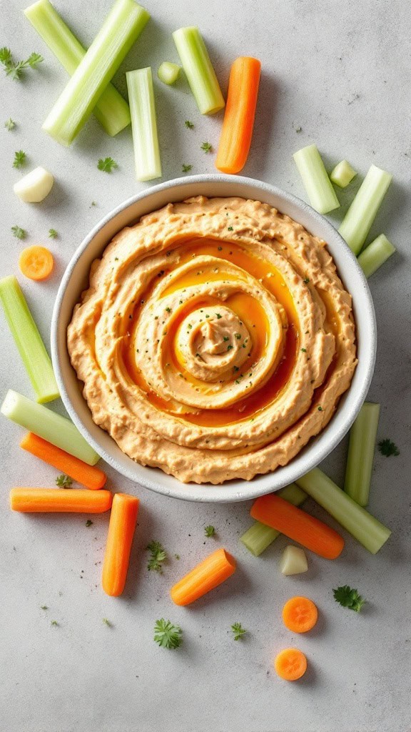 A bowl of hummus surrounded by carrot and celery sticks on a light surface.