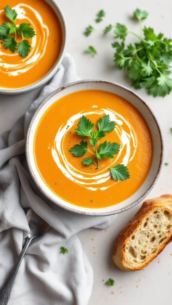 Carrot and ginger soup topped with fresh herbs, served in a bowl with a piece of bread on the side.