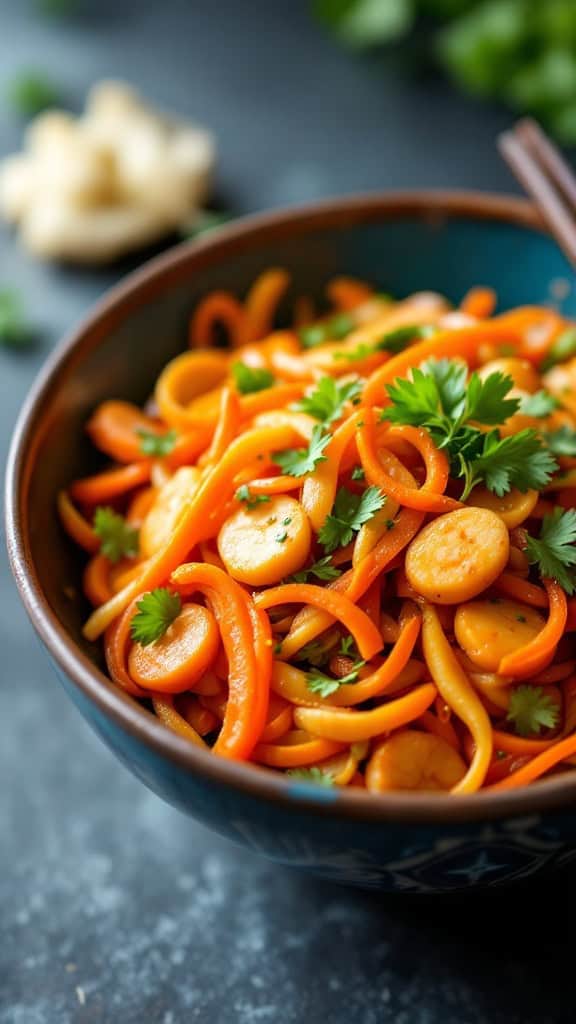 A bowl of carrot and ginger stir-fry with fresh herbs