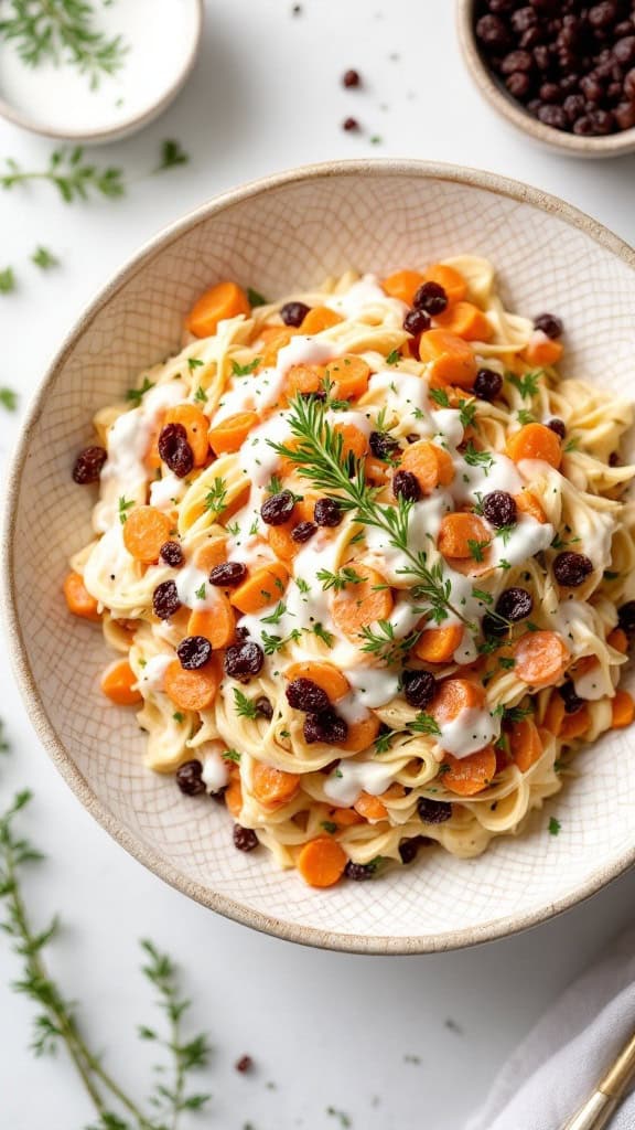 A bowl of carrot and raisin salad with yogurt dressing, garnished with fresh herbs.