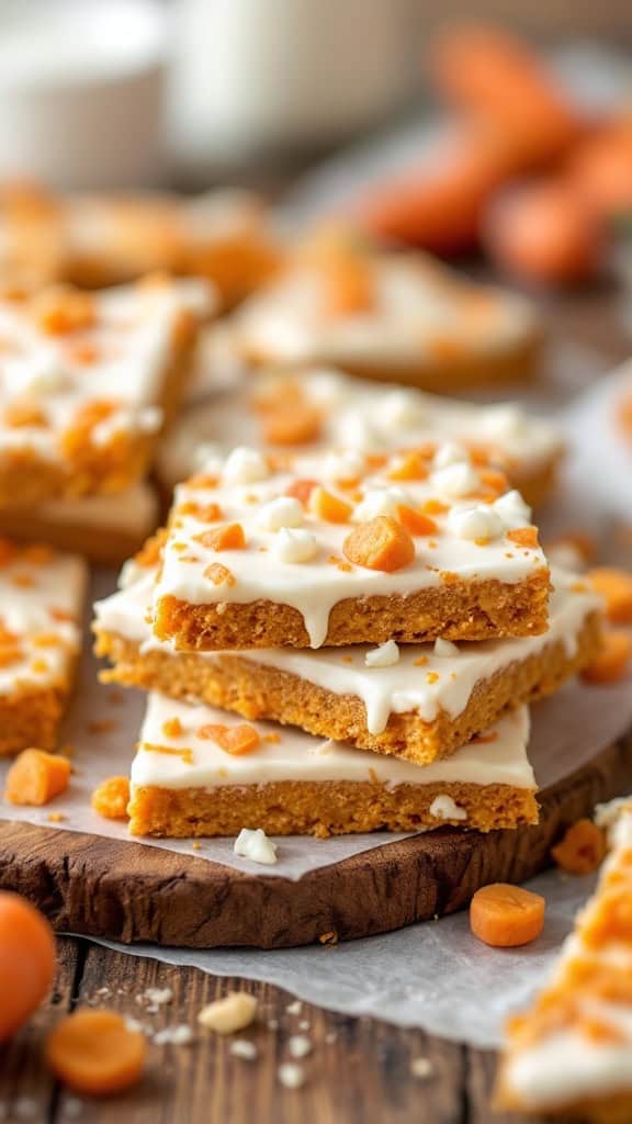 Delicious carrot cake bark topped with white frosting and carrot pieces.