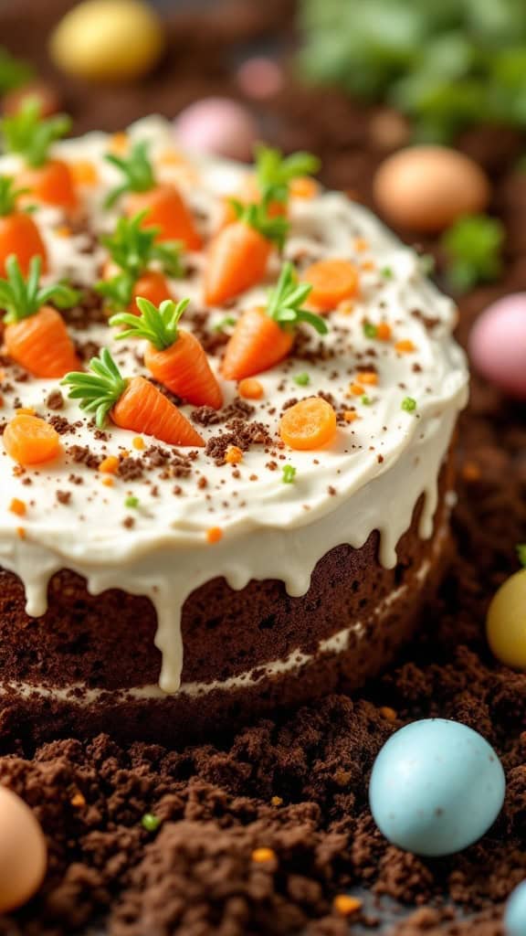 A delicious carrot cake decorated with candy carrots and surrounded by chocolate eggs..