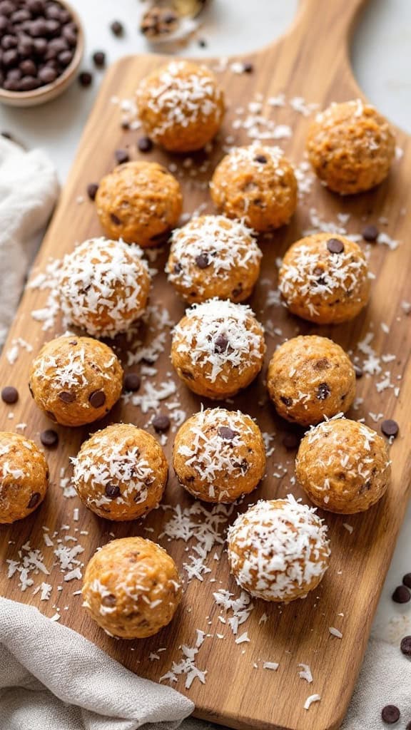 A wooden board with energy bites, some topped with coconut and chocolate chips.