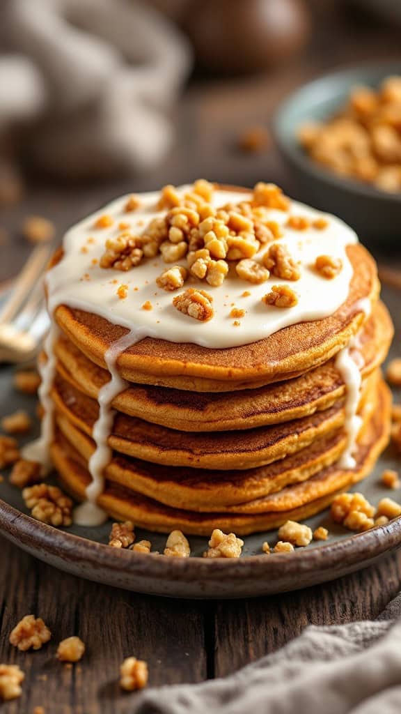 A stack of carrot cake pancakes topped with cream cheese icing and walnuts.