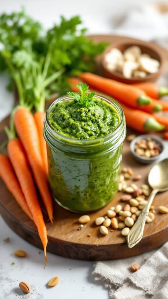 A jar of carrot top pesto surrounded by fresh carrots and nuts.