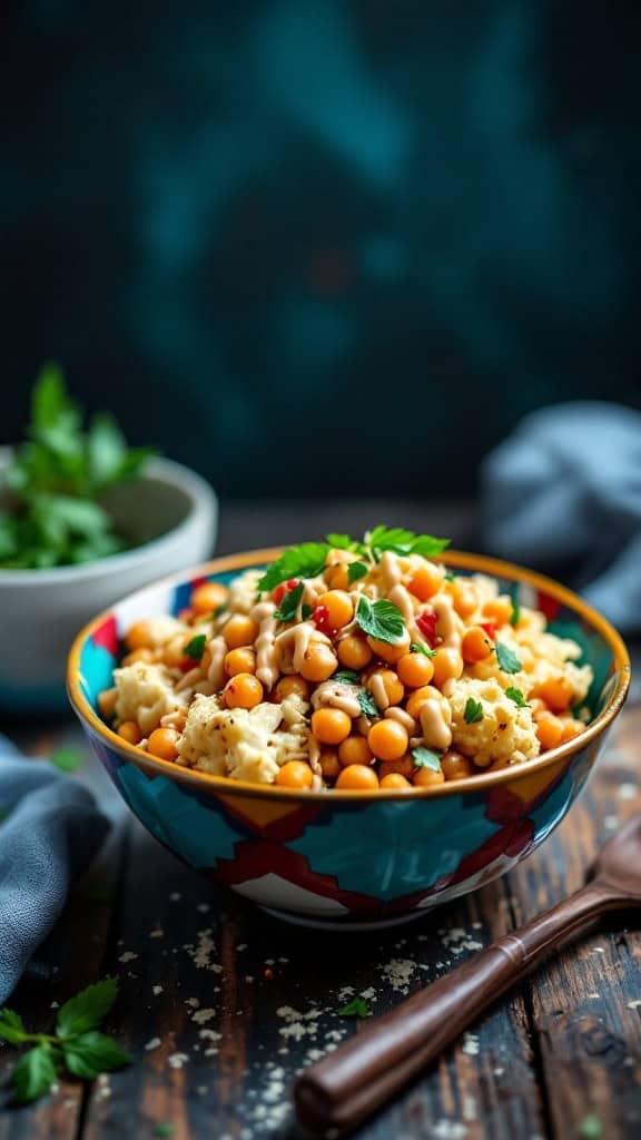 A vibrant bowl of cauliflower and chickpea salad with fresh herbs.