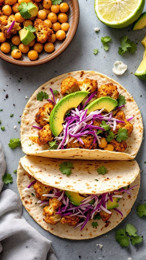 Cauliflower and chickpea tacos with avocado and purple cabbage, served on tortillas.