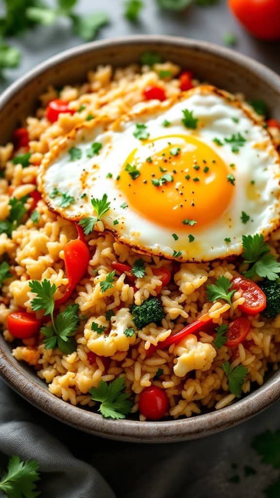 A bowl of cauliflower fried rice topped with a fried egg and garnished with herbs.