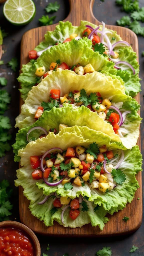 Cauliflower leaf tacos filled with colorful vegetables, garnished with cilantro on a wooden board.