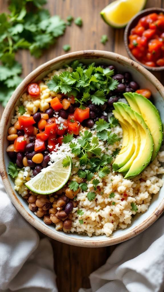A bowl filled with cauliflower rice, black beans, corn, diced tomatoes, avocado, lime, and fresh cilantro, showcasing a colorful and healthy meal.