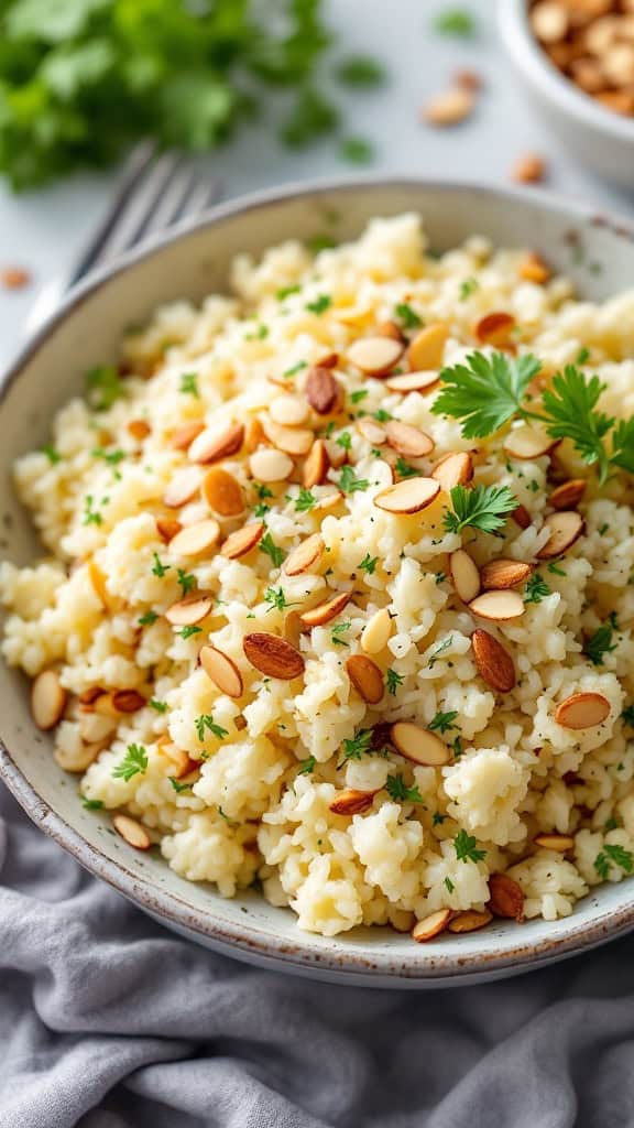 A bowl of cauliflower rice pilaf topped with sliced almonds and fresh herbs.