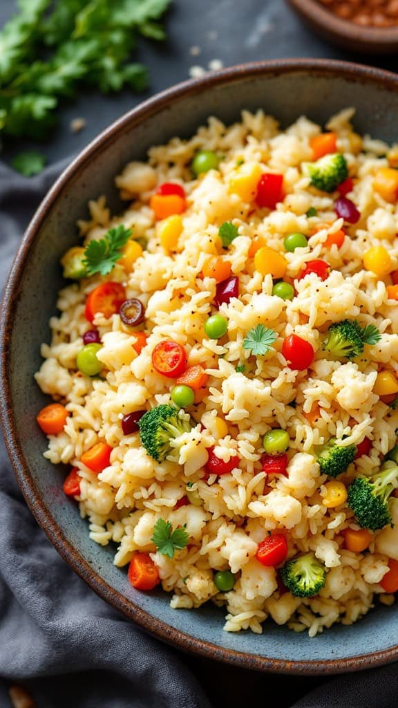 A bowl of stir-fried cauliflower rice with mixed vegetables.