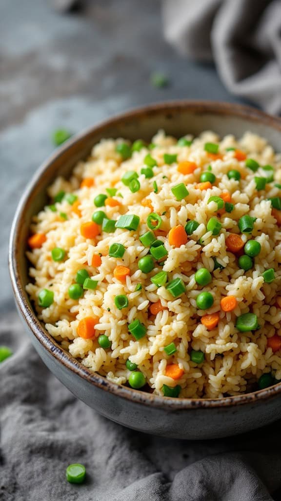A bowl of colorful cauliflower rice stir-fried with peas and carrots.