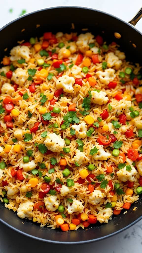 A vibrant bowl of cauliflower rice stir-fry with colorful vegetables.