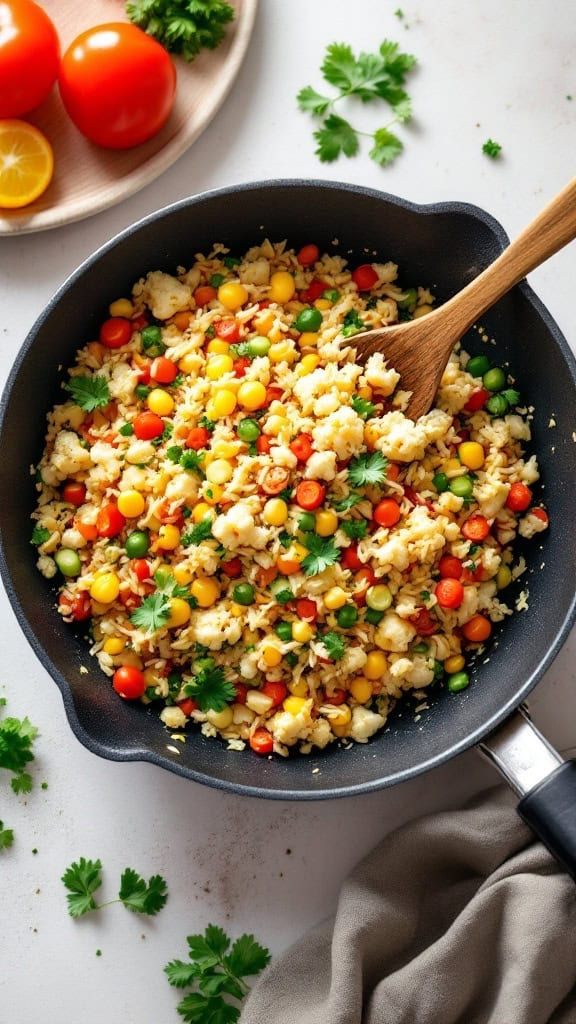 A colorful cauliflower rice stir-fry with various vegetables in a pan.