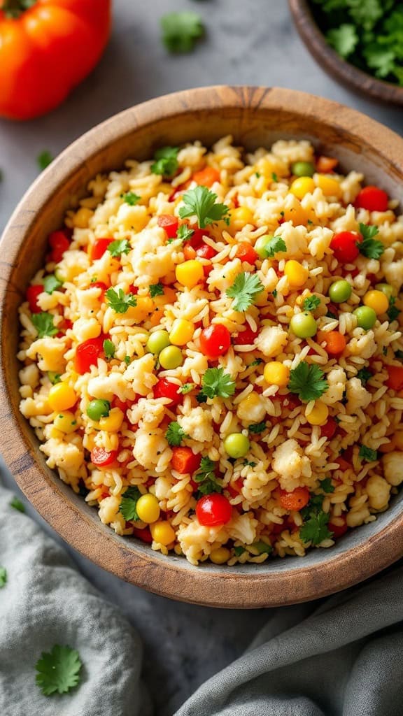 A bowl of cauliflower rice stir-fry with colorful vegetables.