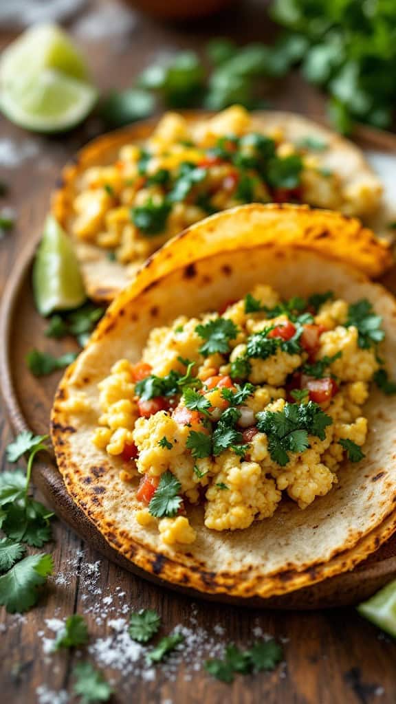 Cauliflower rice tacos topped with salsa verde and cilantro on a wooden plate