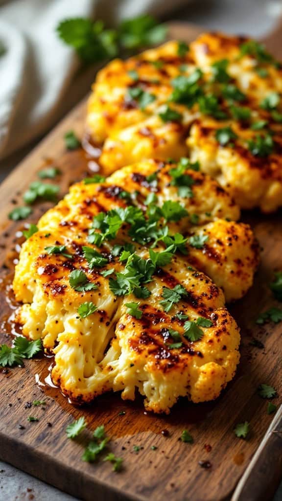 Grilled cauliflower steaks with chimichurri sauce, garnished with fresh herbs.