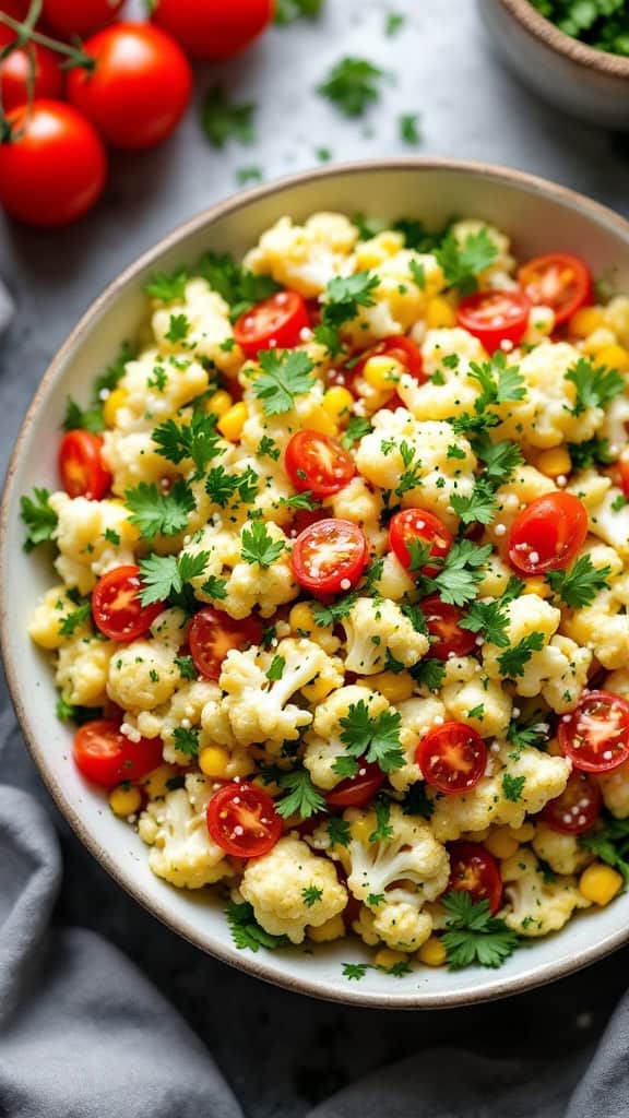 A vibrant cauliflower tabbouleh salad with cherry tomatoes, corn, and parsley in a bowl.