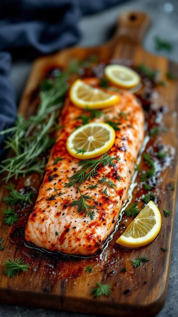 Cedar plank salmon garnished with lemon and dill on a wooden board.