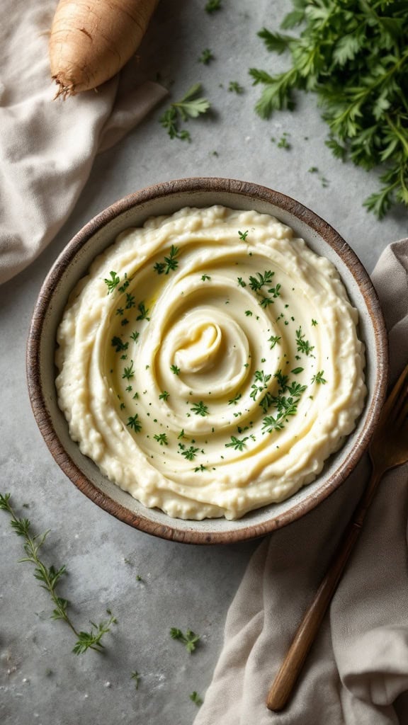 A creamy celery root puree garnished with herbs in a bowl, with a celery root and fresh greens in the background.