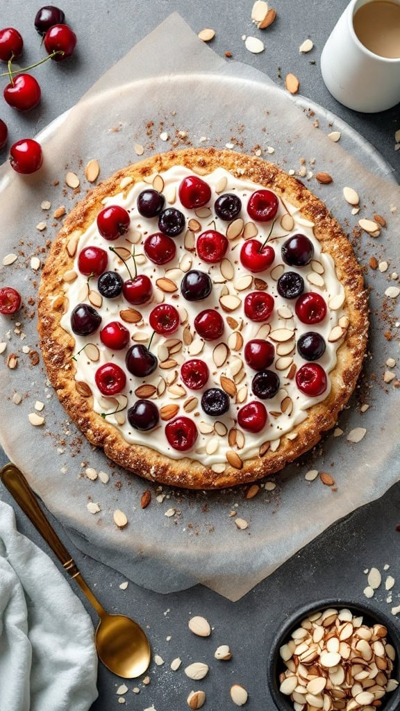A fruit pizza topped with cherries and almonds on a rustic table.