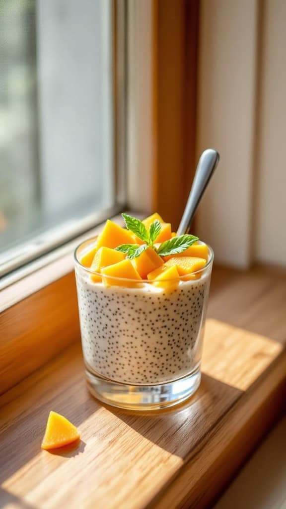 A glass of chia seed pudding topped with fresh mango cubes and a mint leaf, sitting on a wooden windowsill.