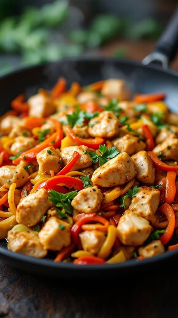 A skillet filled with chicken and mixed vegetables stir-fried together.
