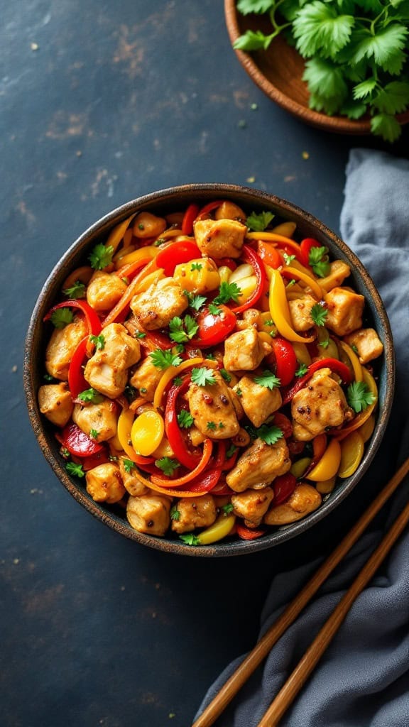 A vibrant bowl of chicken stir-fry with colorful vegetables.