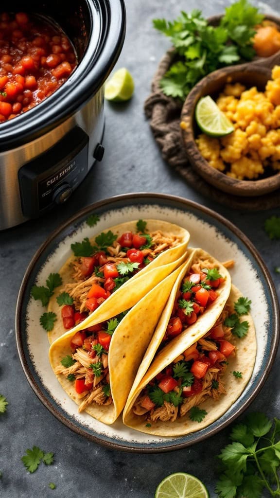 Delicious chicken tacos with fresh salsa and cilantro on a plate, with a slow cooker in the background.