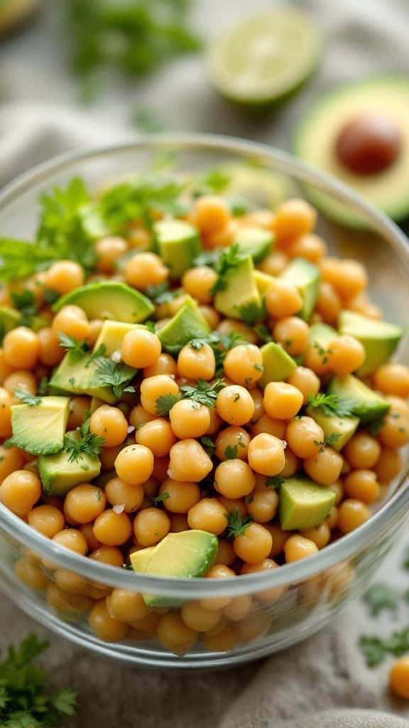Chickpea and avocado salad with fresh herbs in a glass bowl