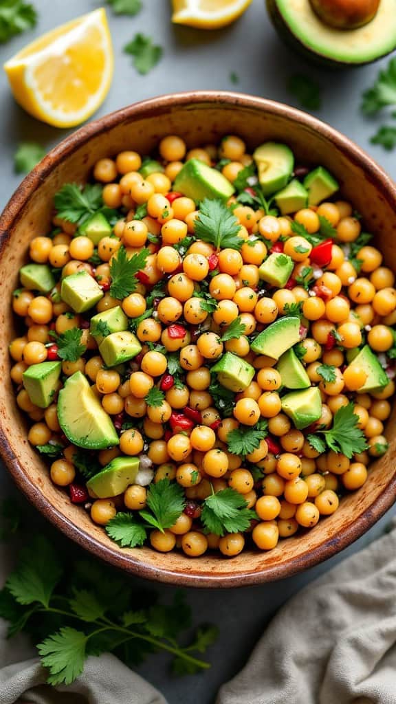 A colorful bowl of chickpea and avocado salad with cilantro and lemon slices