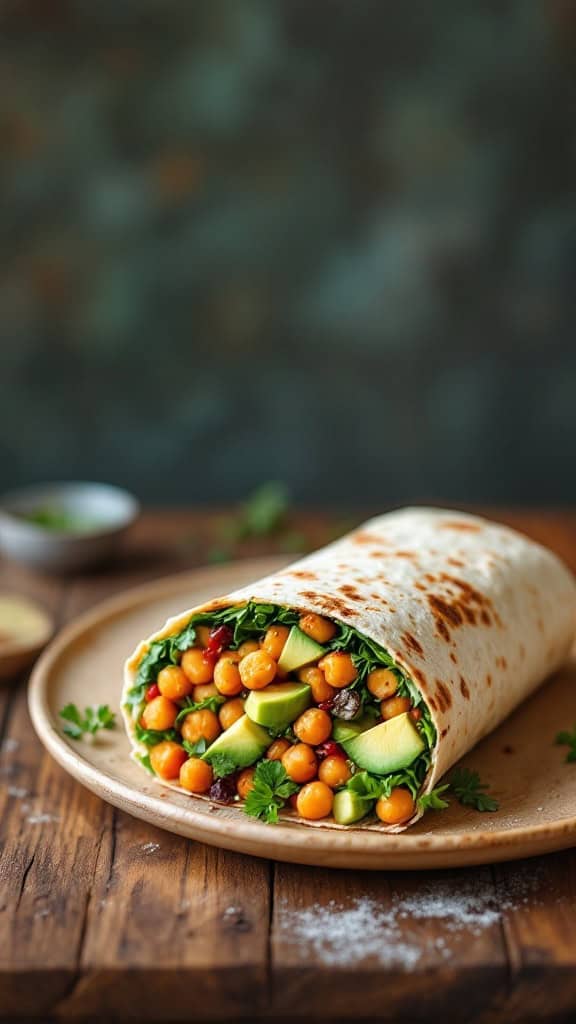 Chickpea and avocado wrap filled with lettuce, chickpeas, and diced avocado, served on a wooden plate.