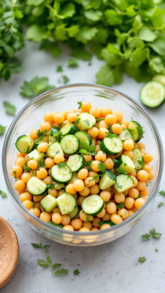 Chickpea and cucumber salad in a glass bowl surrounded by fresh herbs.