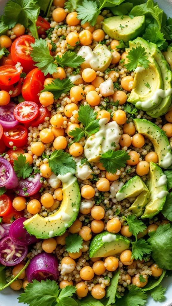 A vibrant salad with chickpeas, quinoa, avocado slices, and fresh vegetables.