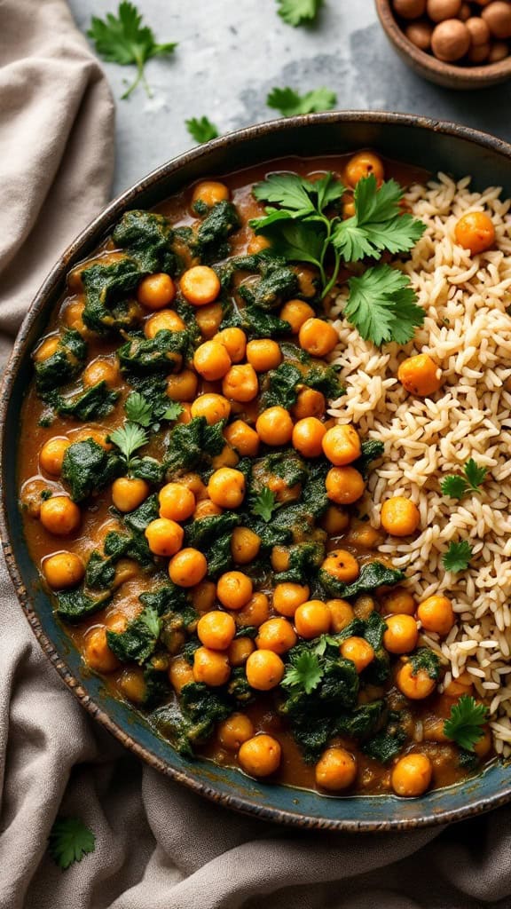 A bowl of chickpea and spinach curry served with brown rice, garnished with fresh herbs.